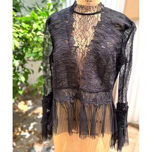 Bardot Francesca Black Lace & Mesh Mock Neck Long Bell Sleeve Fitted Top SZ 12